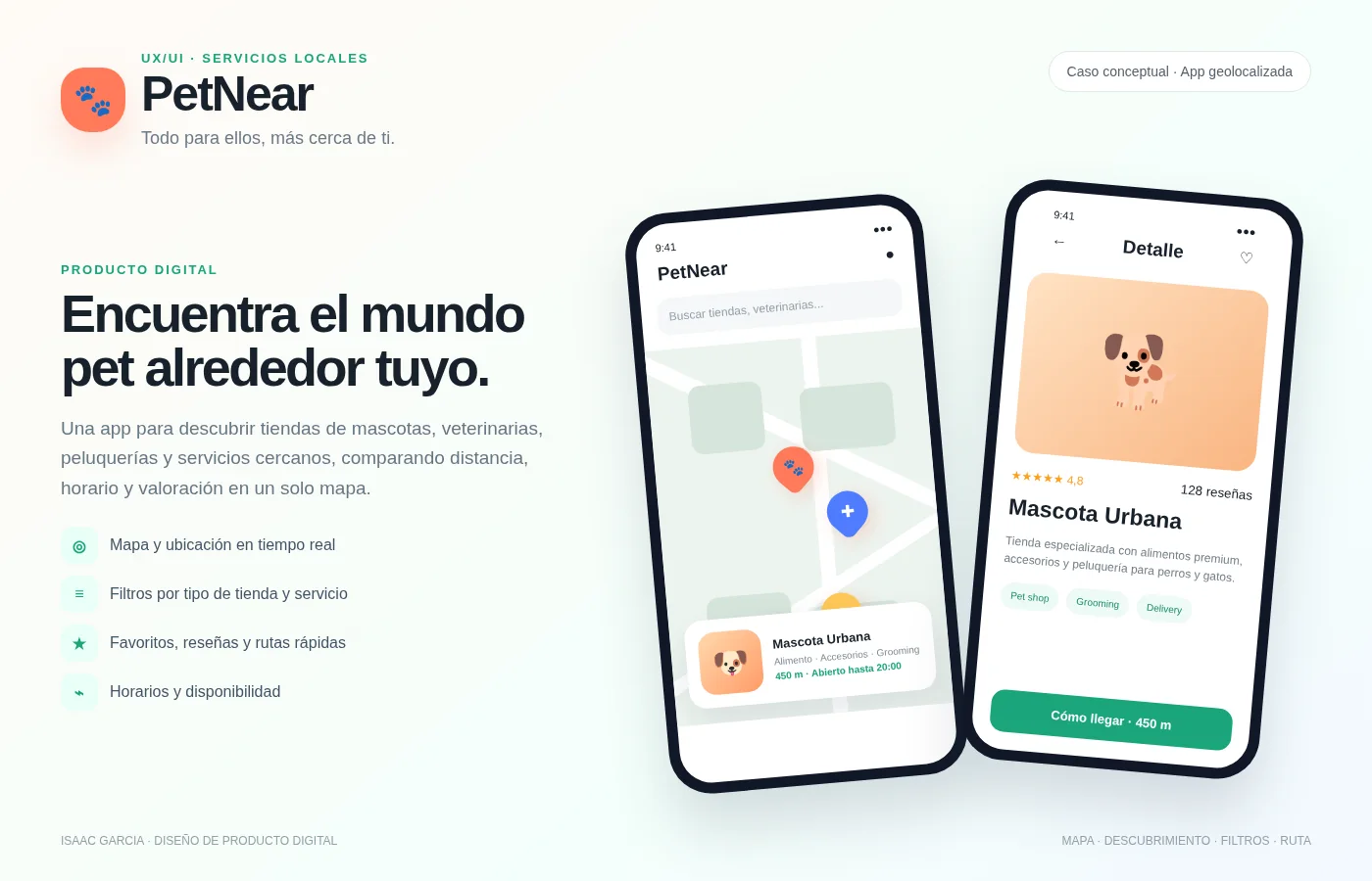 Caso UX/UI PetNear, aplicación de localización de tiendas y servicios para mascotas